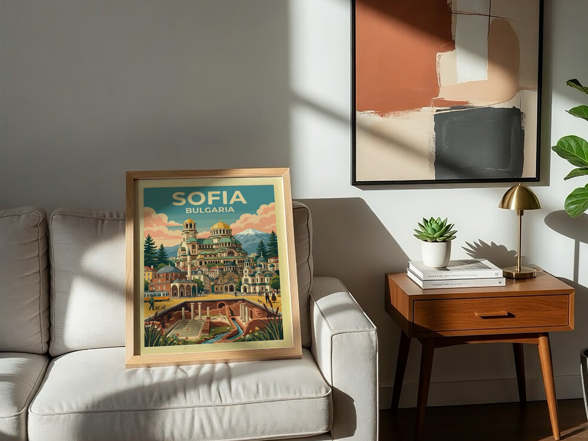 Travel poster of Sofia Bulgaria featuring the Alexander Nevsky Cathedral and ancient ruins.