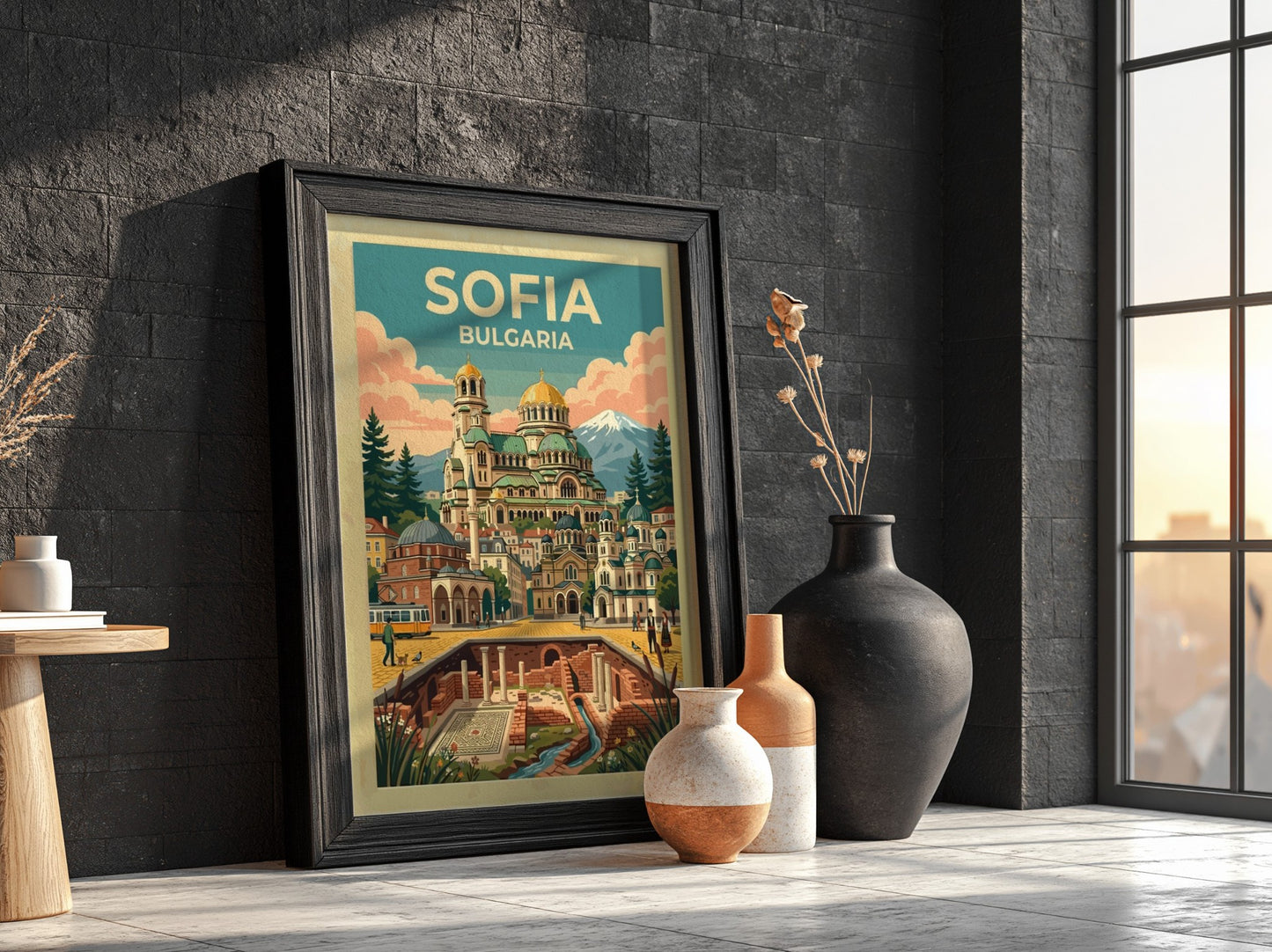 Travel poster of Sofia Bulgaria featuring the Alexander Nevsky Cathedral and ancient ruins.