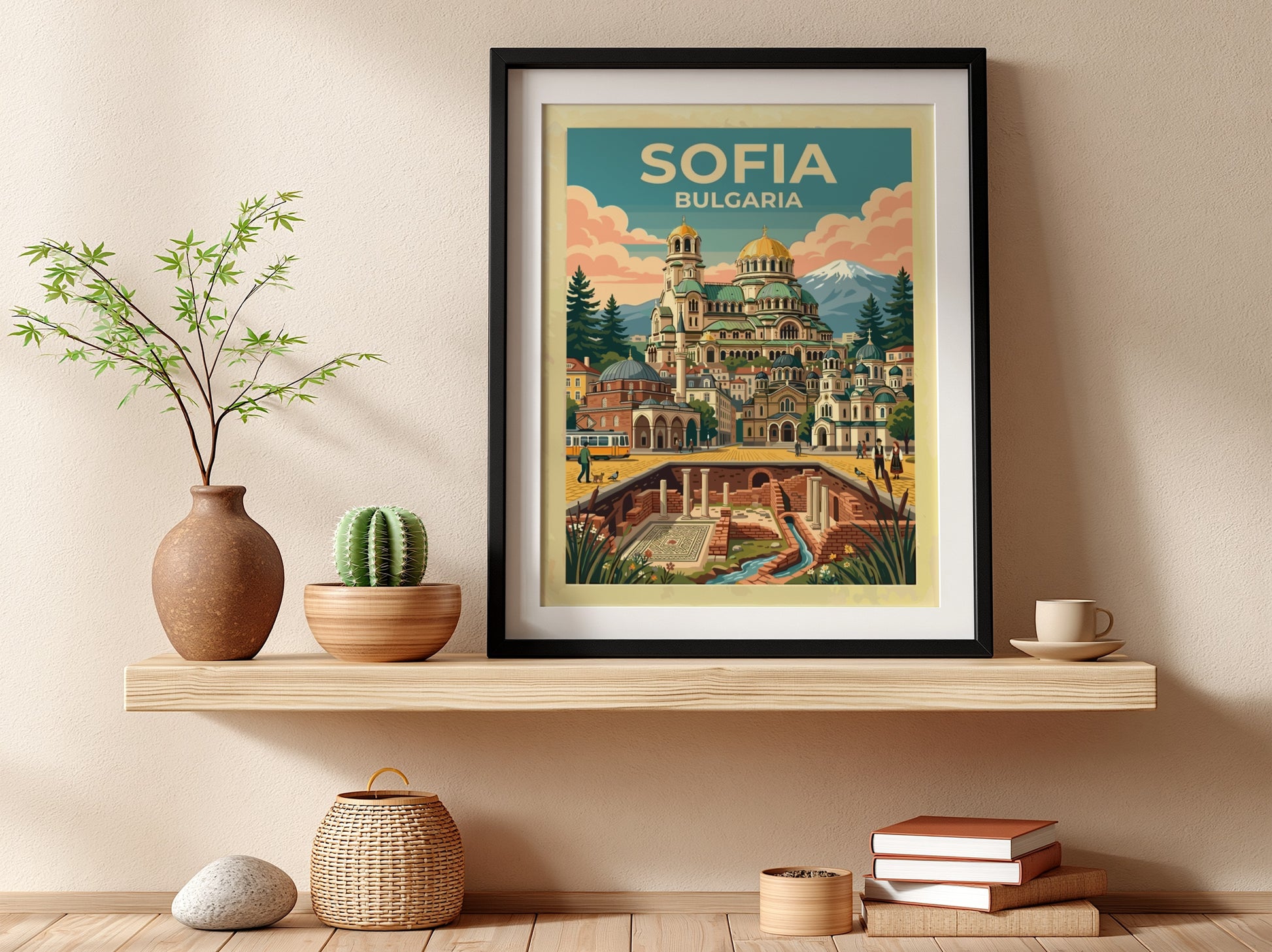 Travel poster of Sofia Bulgaria featuring the Alexander Nevsky Cathedral and ancient ruins.