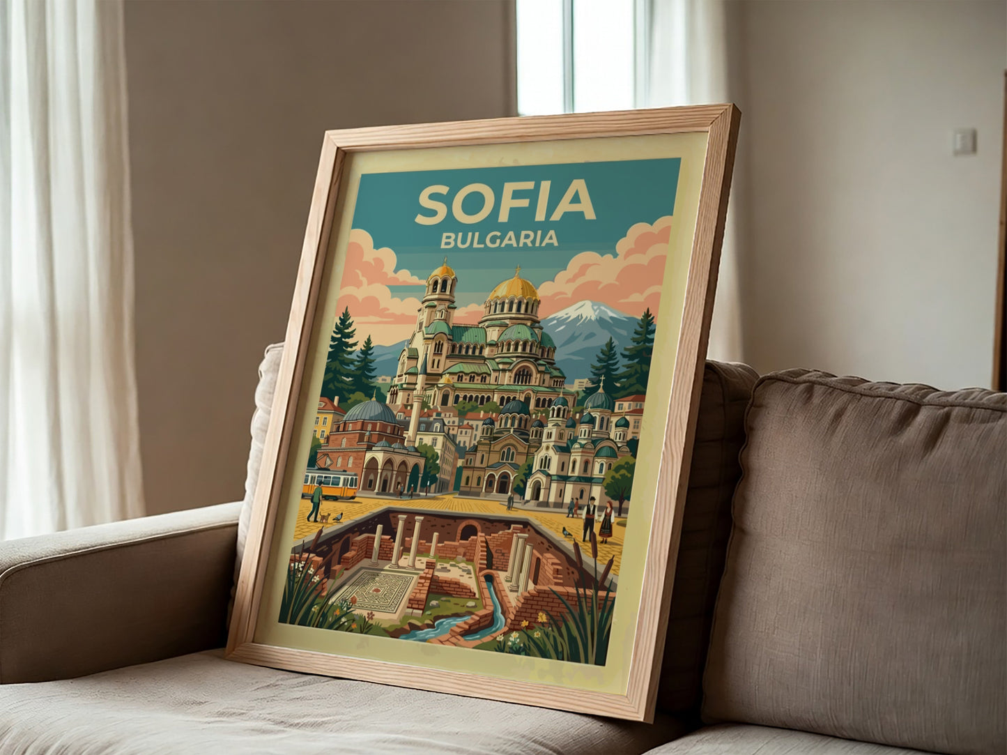 Travel poster of Sofia Bulgaria featuring the Alexander Nevsky Cathedral and ancient ruins.