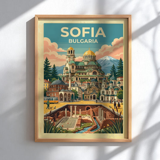Travel poster of Sofia Bulgaria featuring the Alexander Nevsky Cathedral and ancient ruins.