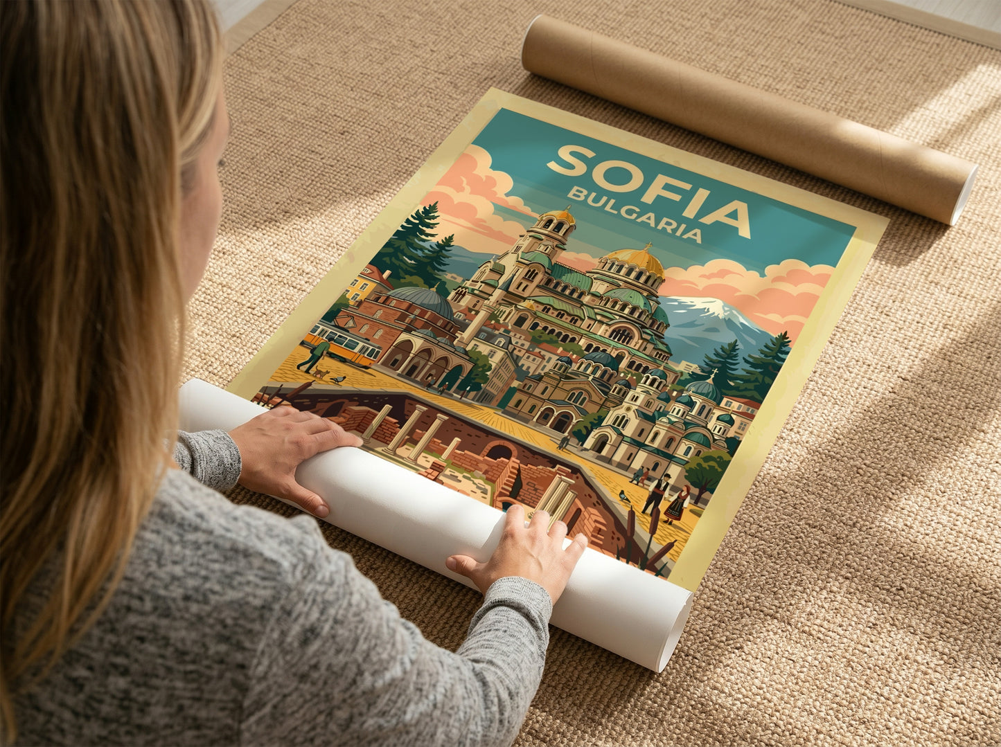 Travel poster of Sofia Bulgaria featuring the Alexander Nevsky Cathedral and ancient ruins.