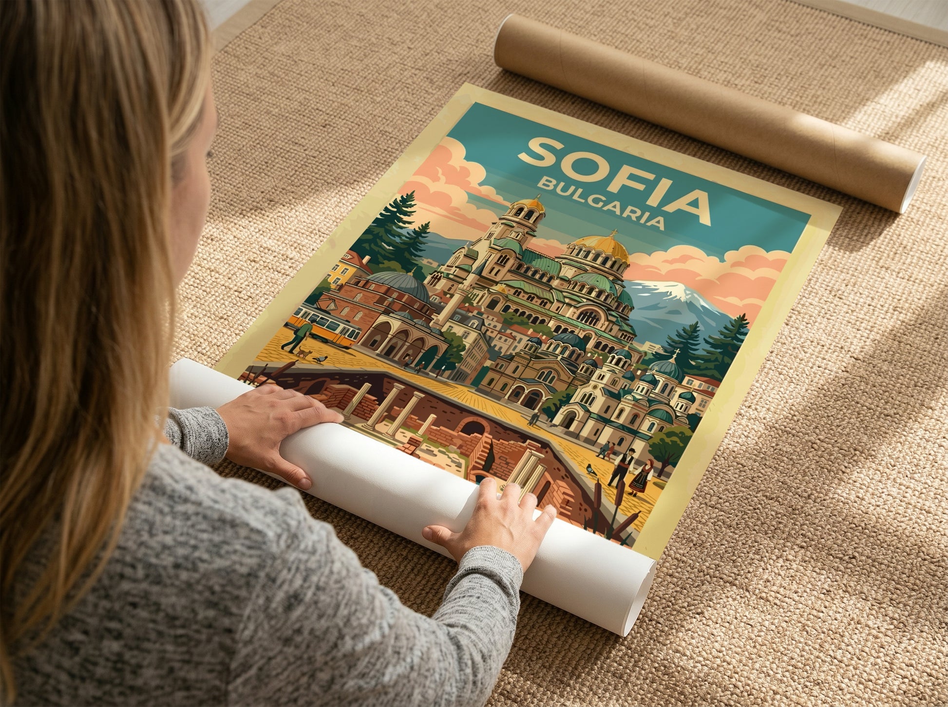 Travel poster of Sofia Bulgaria featuring the Alexander Nevsky Cathedral and ancient ruins.