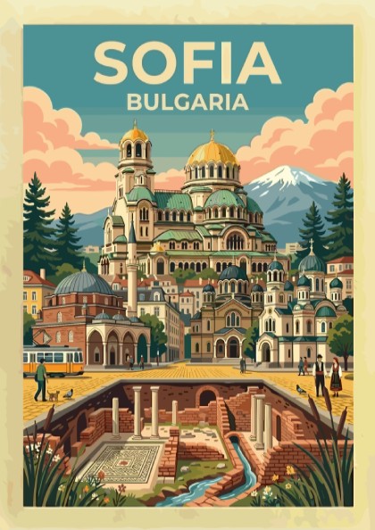 Travel poster of Sofia Bulgaria featuring the Alexander Nevsky Cathedral and ancient ruins.