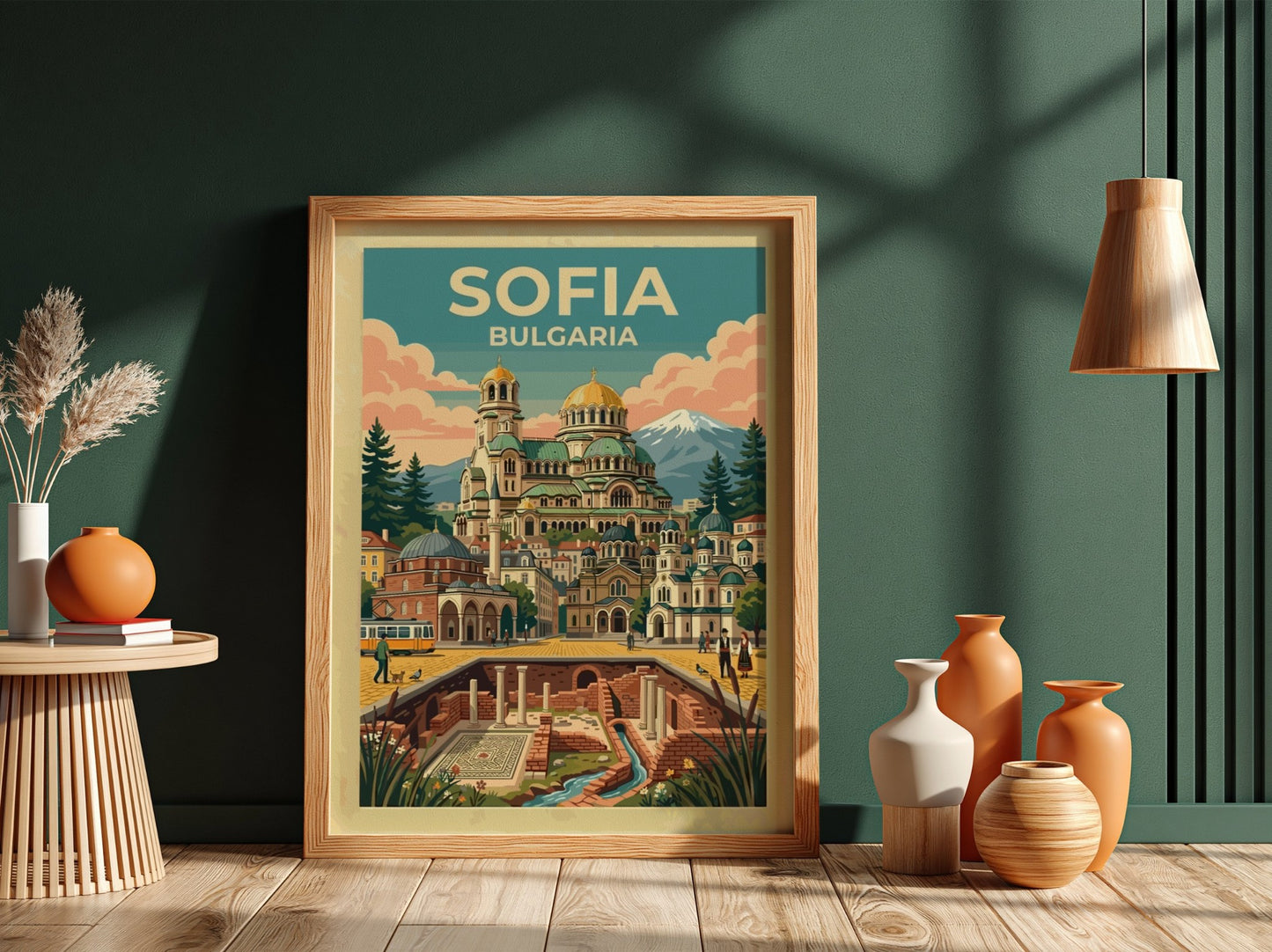 Travel poster of Sofia Bulgaria featuring the Alexander Nevsky Cathedral and ancient ruins.