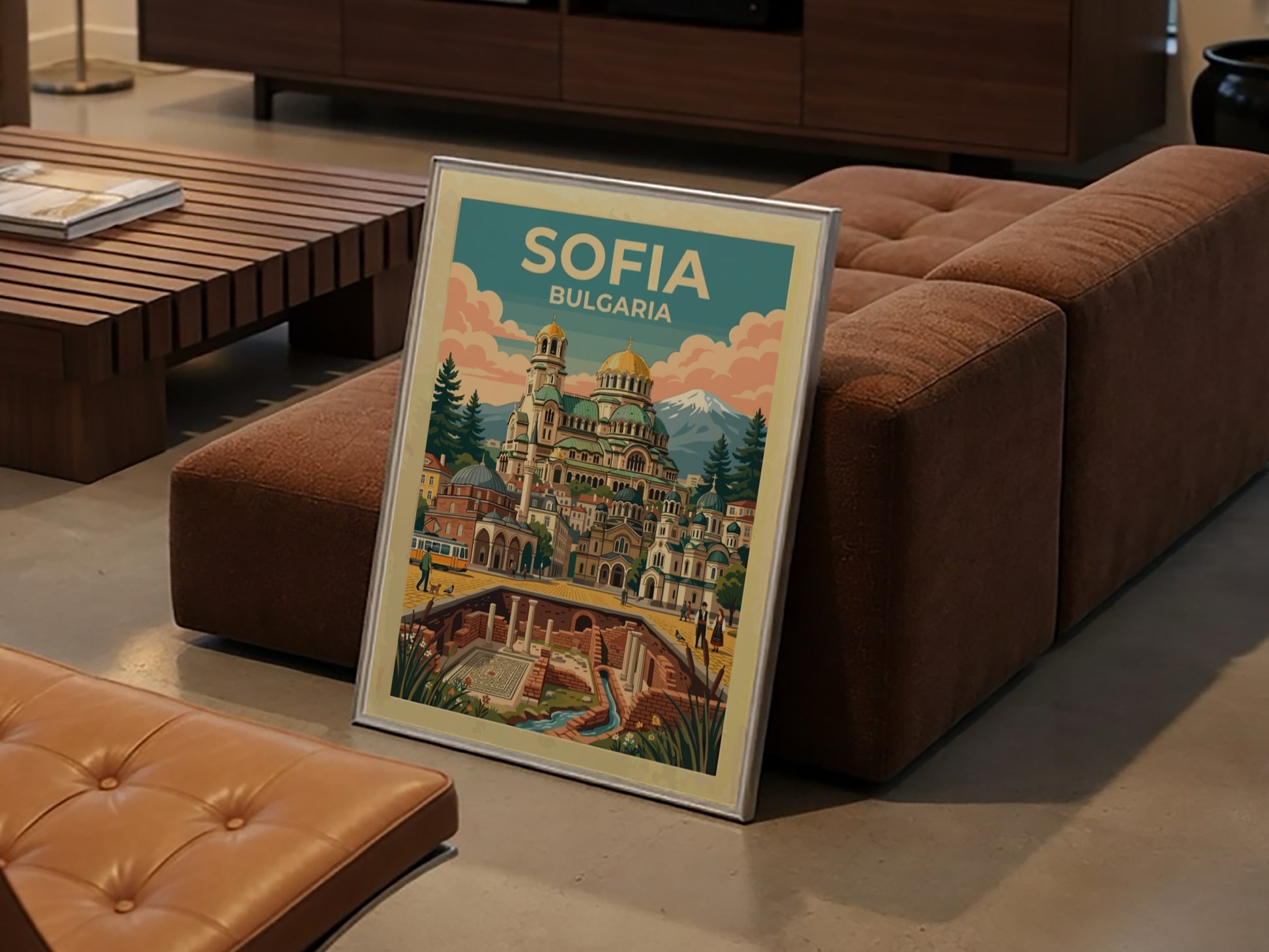 Travel poster of Sofia Bulgaria featuring the Alexander Nevsky Cathedral and ancient ruins.