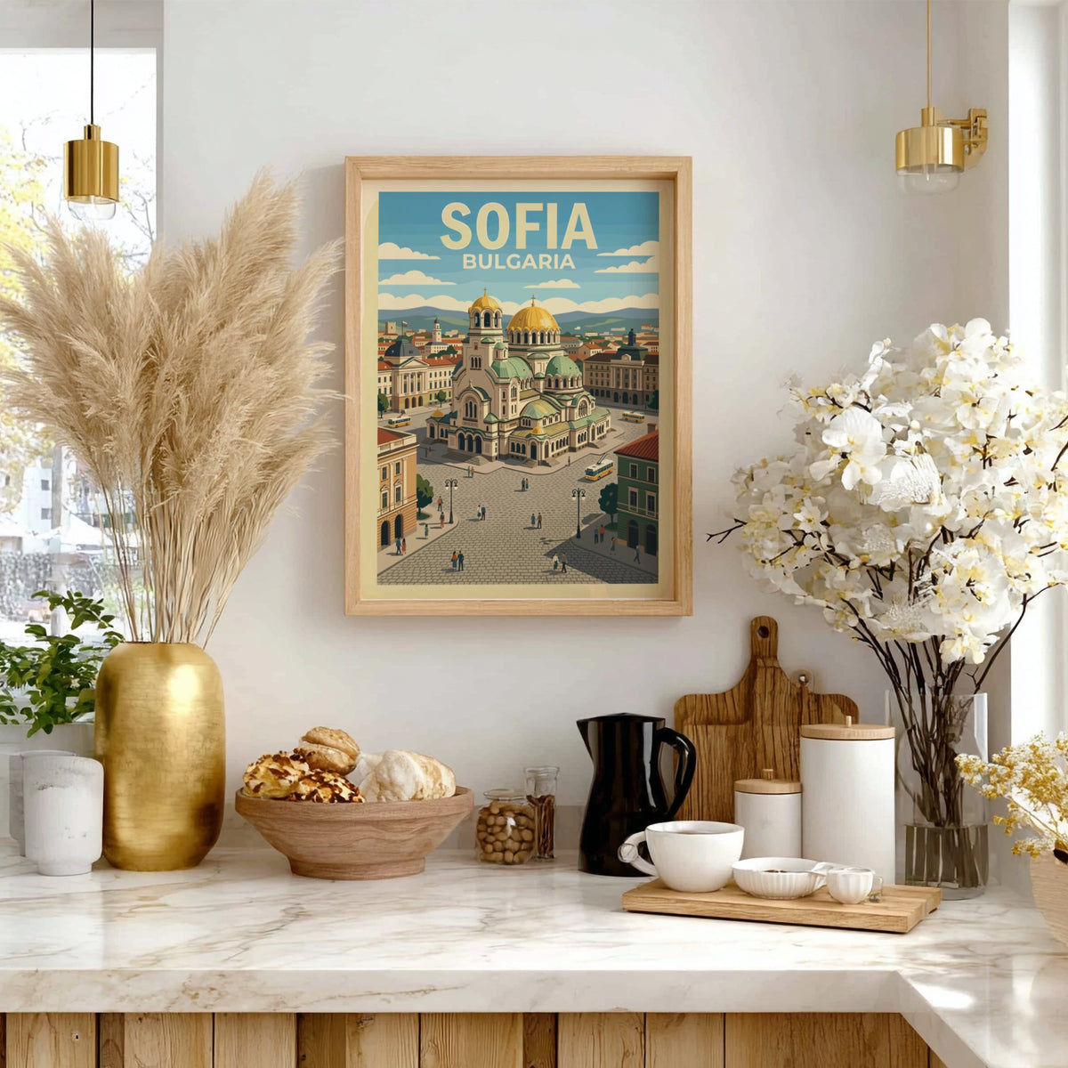 Sofia Bulgaria travel poster showing the golden domed cathedral and a yellow trolley.