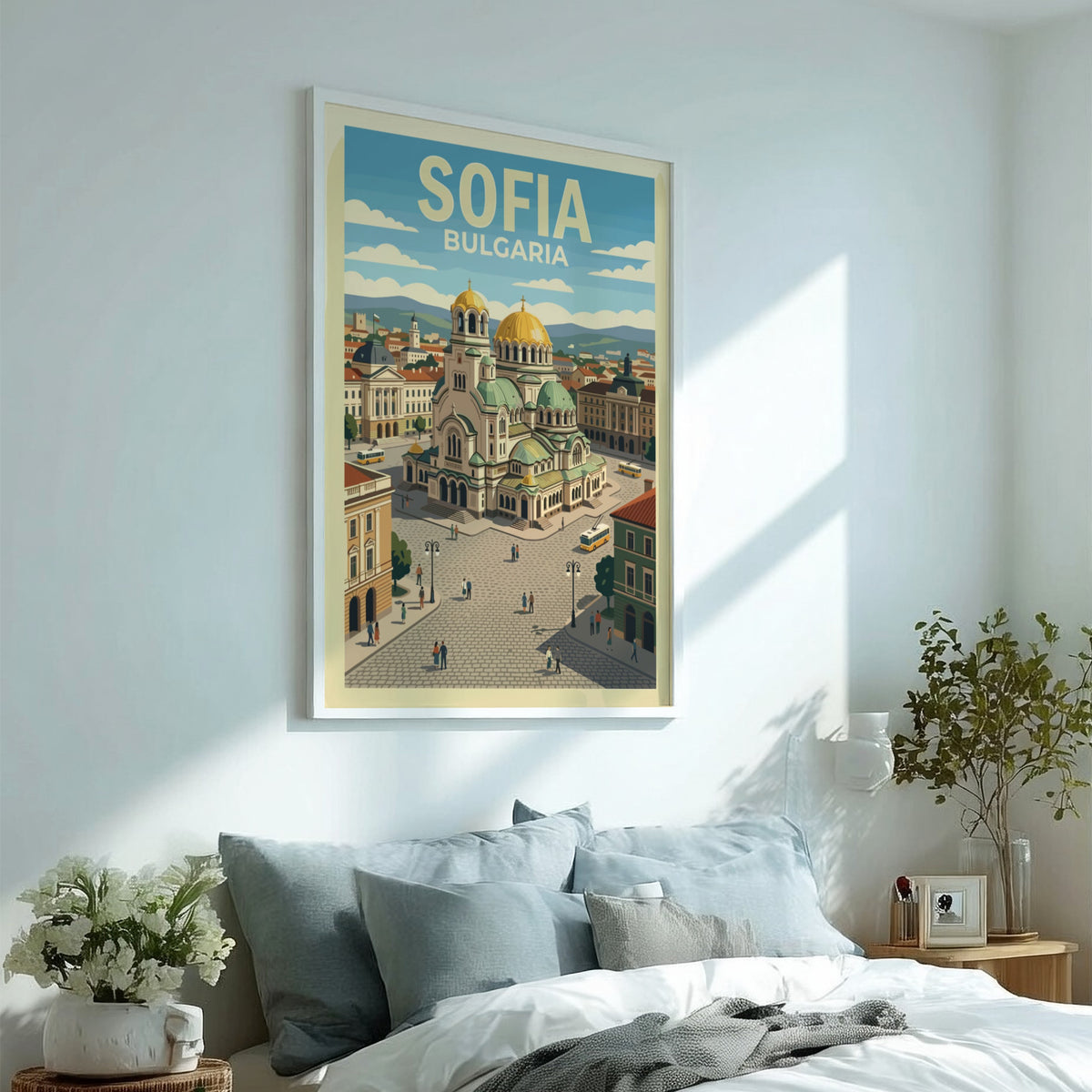 Sofia Bulgaria travel poster showing the golden domed cathedral and a yellow trolley.