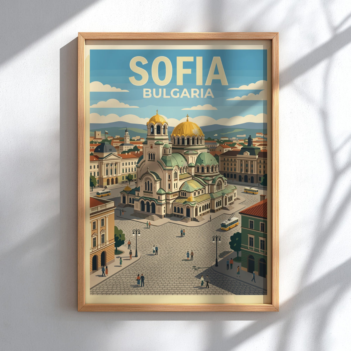 Sofia Bulgaria travel poster showing the golden domed cathedral and a yellow trolley.