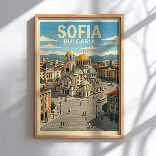 Sofia Bulgaria travel poster showing the golden domed cathedral and a yellow trolley.