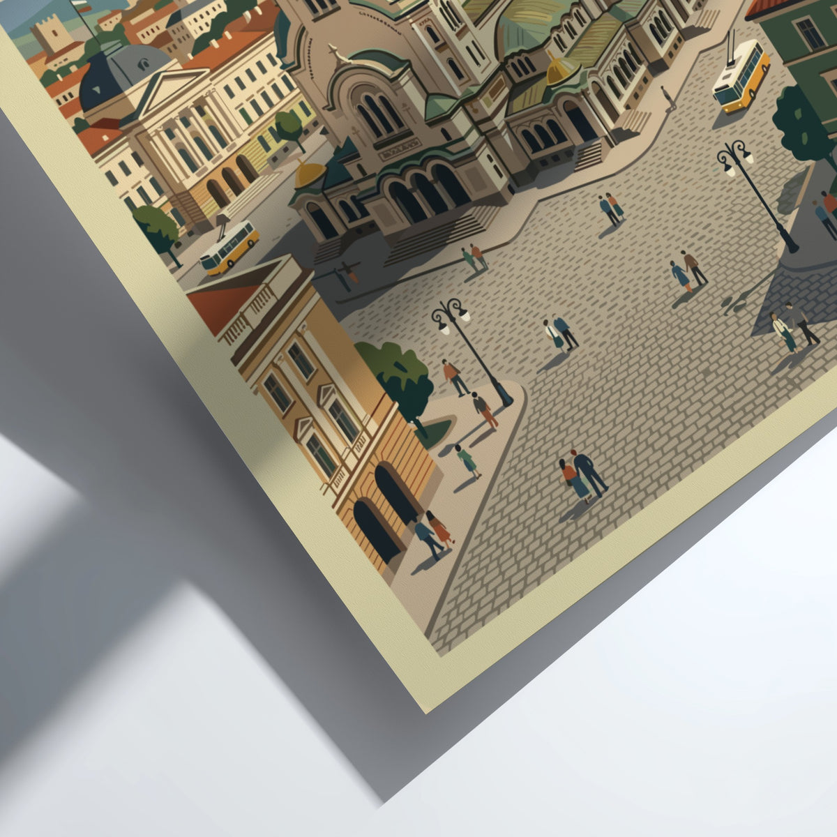 Sofia Bulgaria travel poster showing the golden domed cathedral and a yellow trolley.