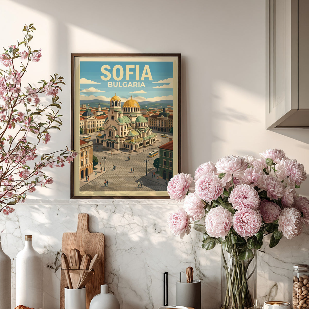 Sofia Bulgaria travel poster showing the golden domed cathedral and a yellow trolley.
