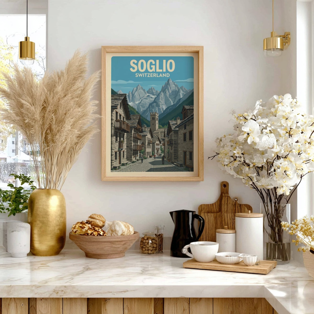 Poster of Soglio Switzerland featuring stone village houses under tall jagged mountain peaks.