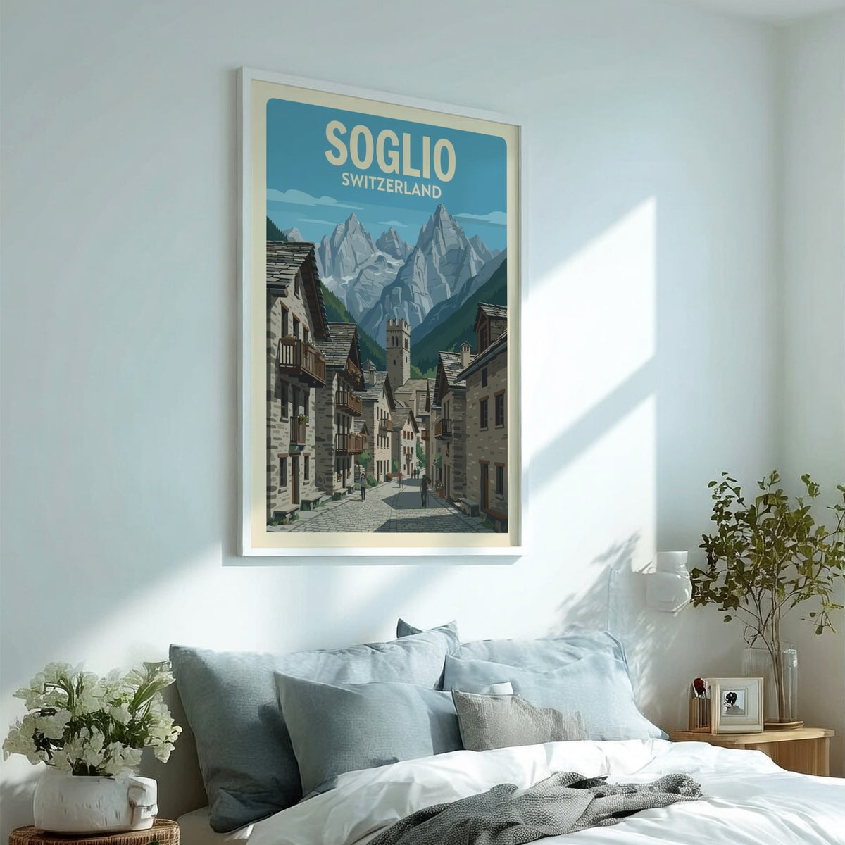Poster of Soglio Switzerland featuring stone village houses under tall jagged mountain peaks.