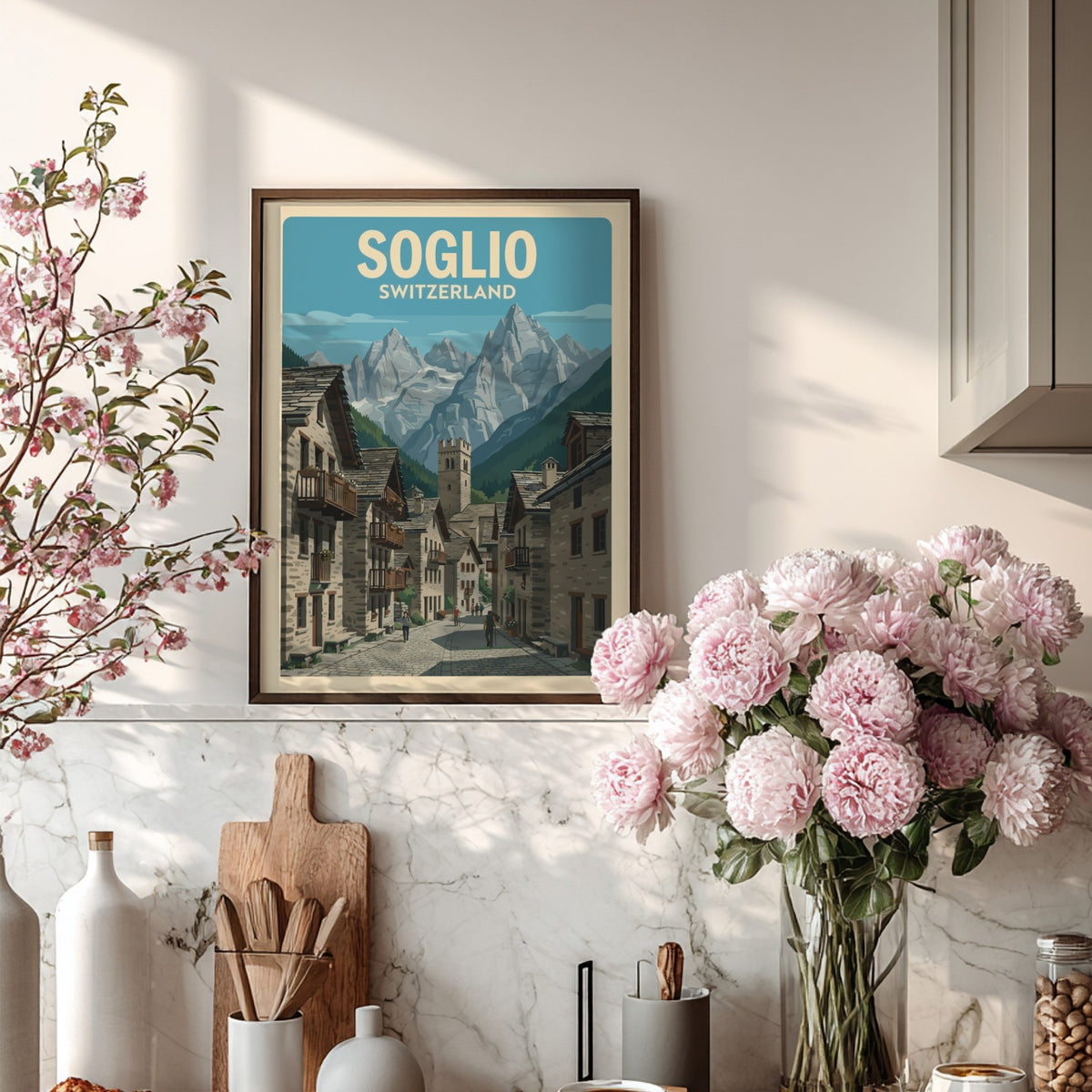 Poster of Soglio Switzerland featuring stone village houses under tall jagged mountain peaks.
