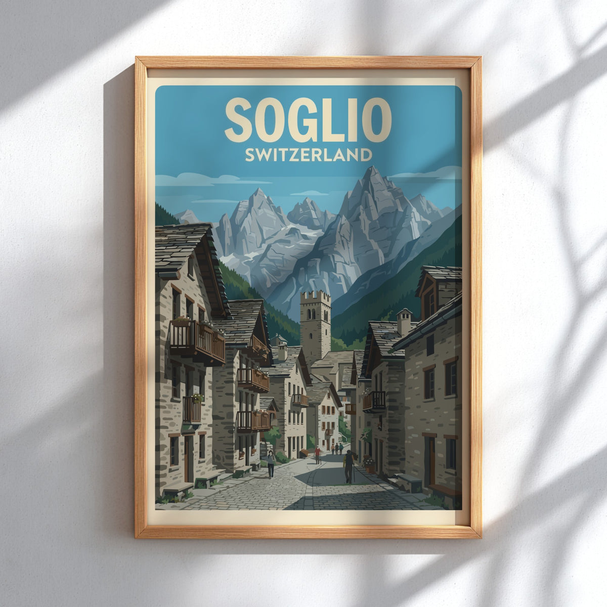 Poster of Soglio Switzerland featuring stone village houses under tall jagged mountain peaks.