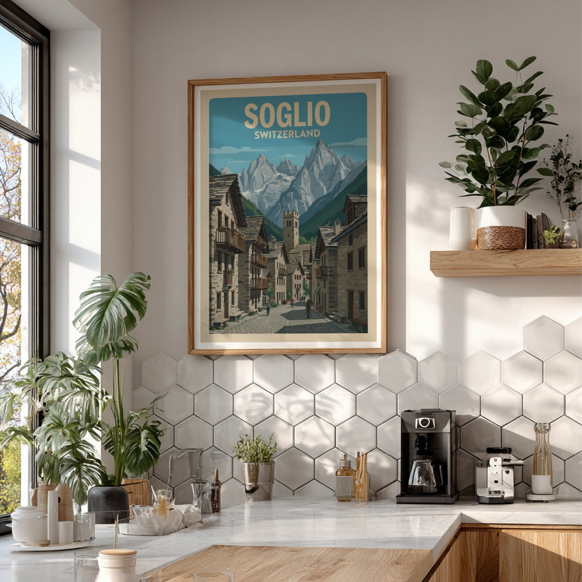 Poster of Soglio Switzerland featuring stone village houses under tall jagged mountain peaks.