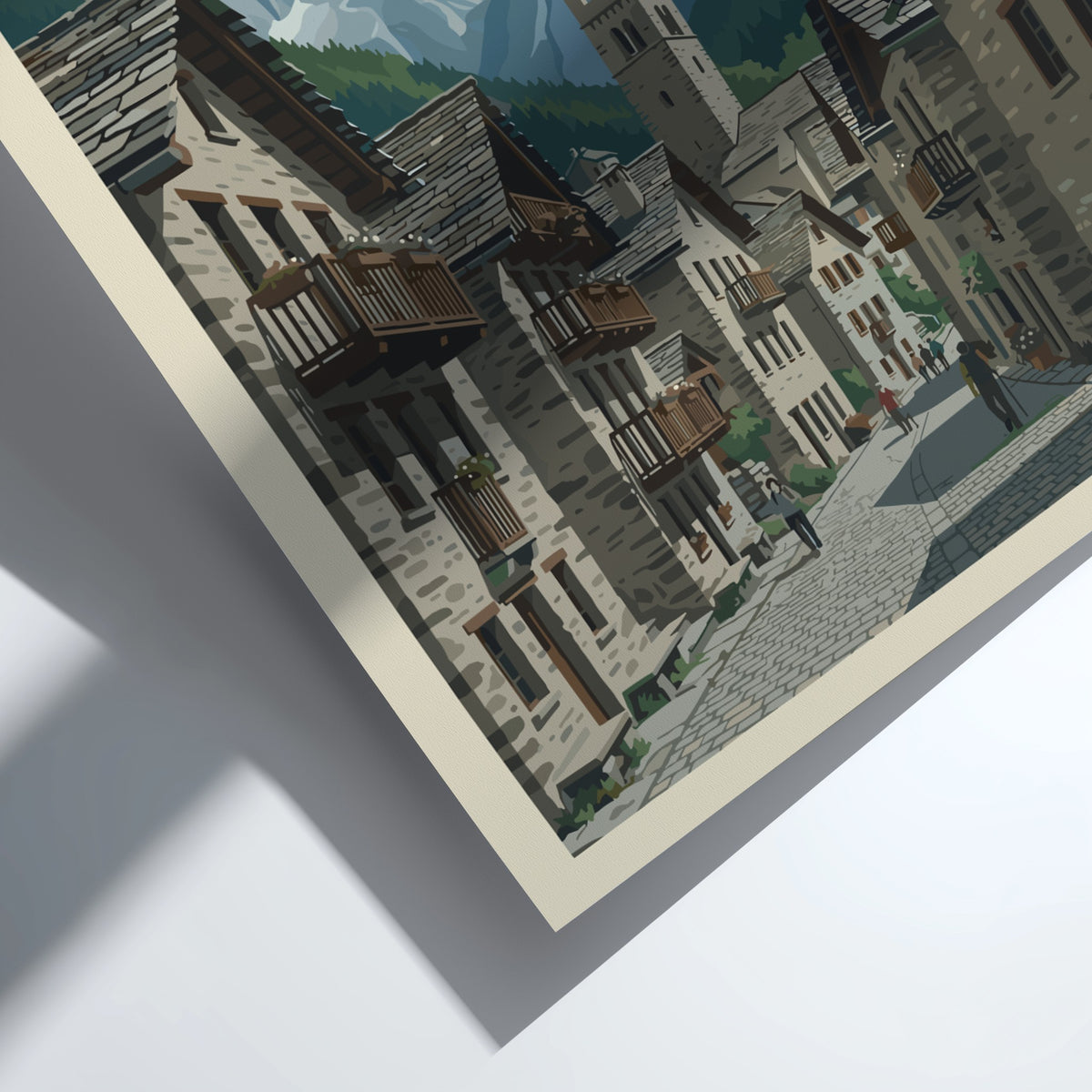 Poster of Soglio Switzerland featuring stone village houses under tall jagged mountain peaks.