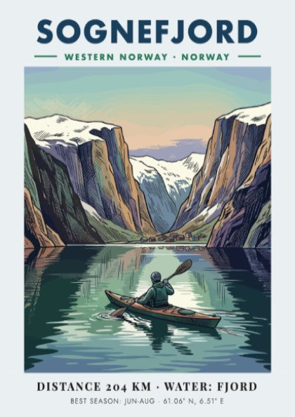 Poster of a kayaker on Sognefjord in Norway surrounded by towering snowy mountain peaks.