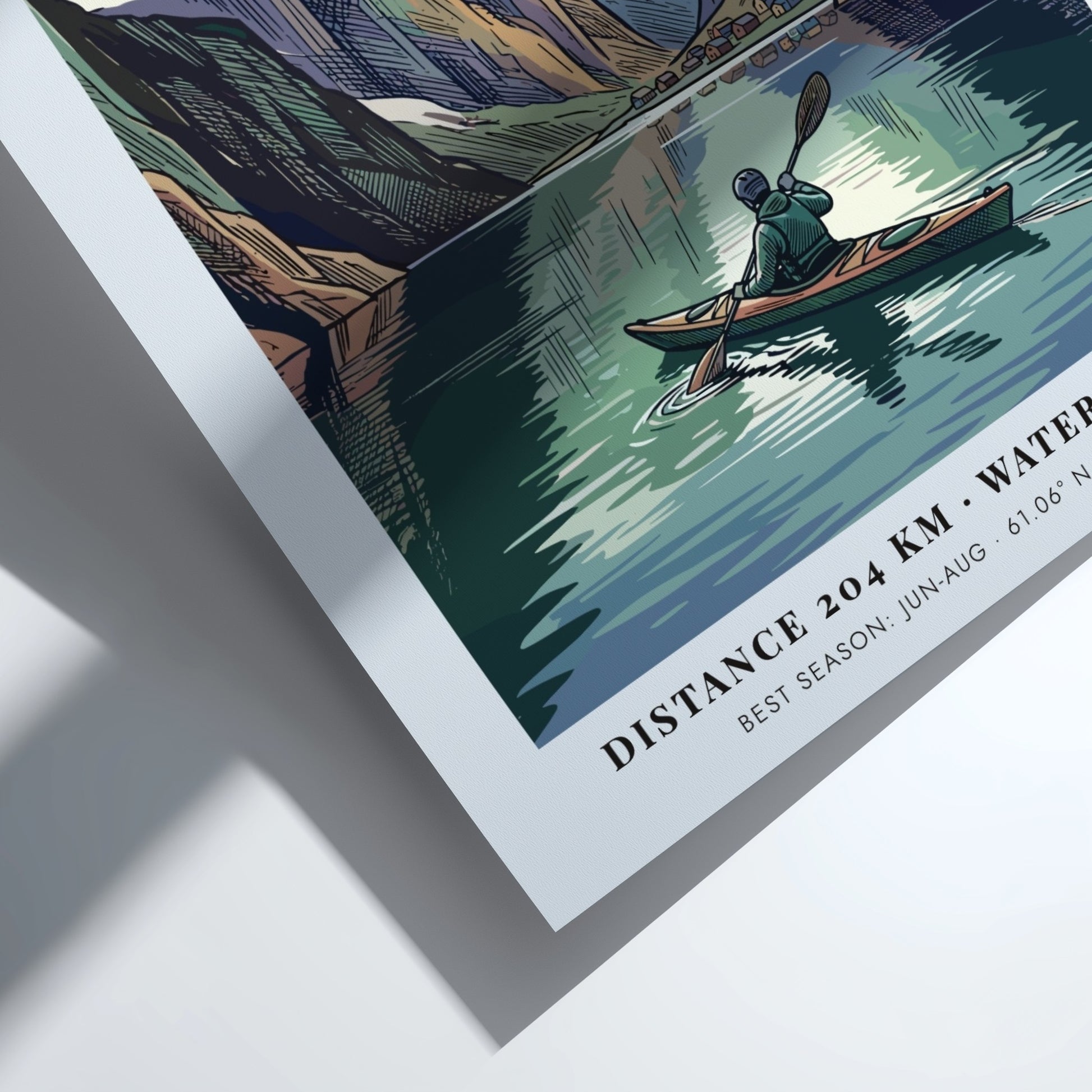 Poster of a kayaker on Sognefjord in Norway surrounded by towering snowy mountain peaks.