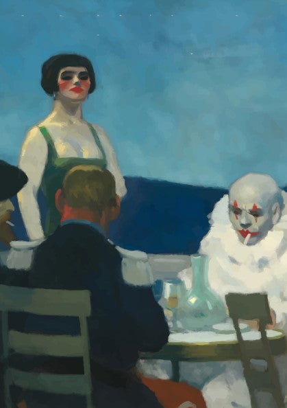 Soir Bleu poster featuring Edward Hopper's artwork with a woman and a clown at night.