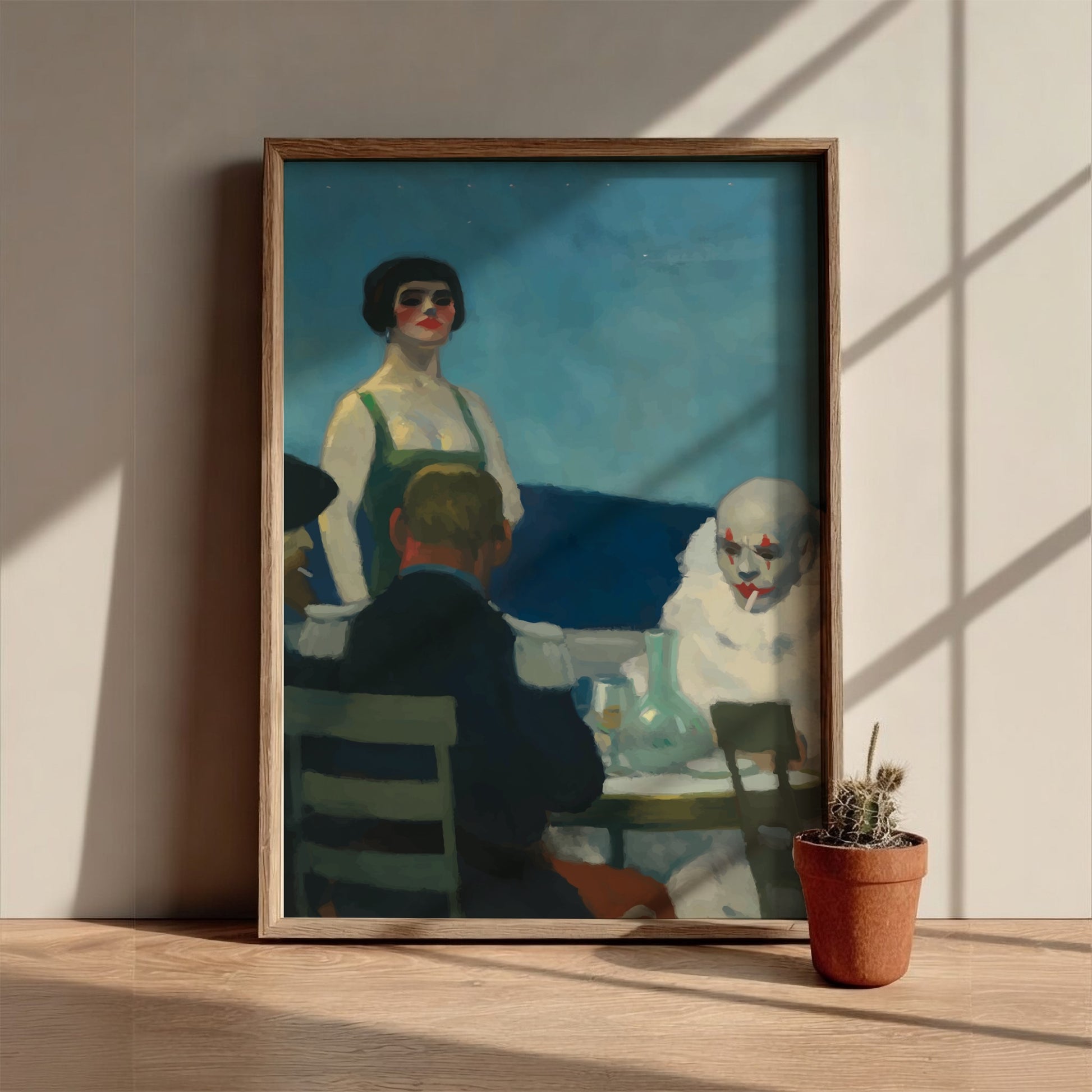 Soir Bleu poster featuring Edward Hopper's artwork with a woman and a clown at night.