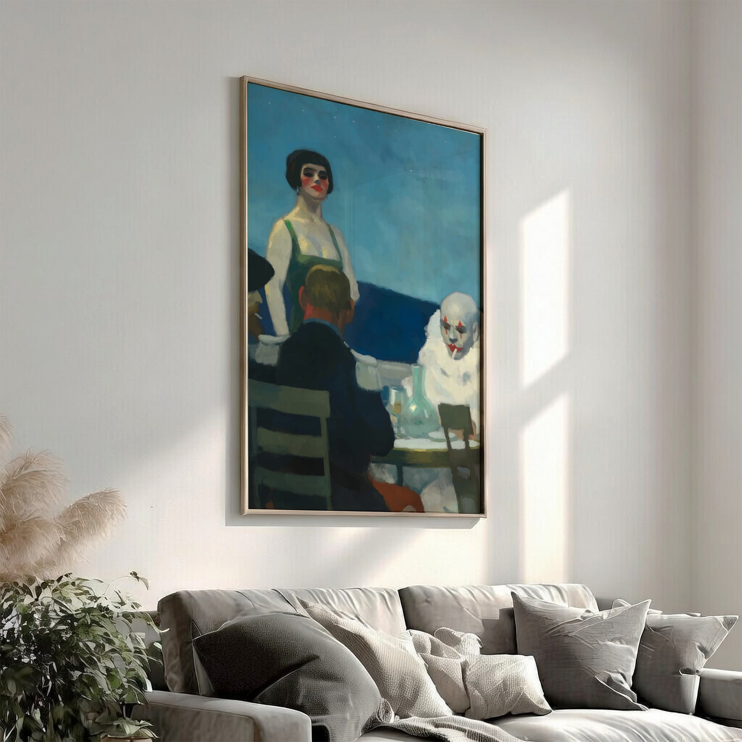 Soir Bleu poster featuring Edward Hopper's artwork with a woman and a clown at night.