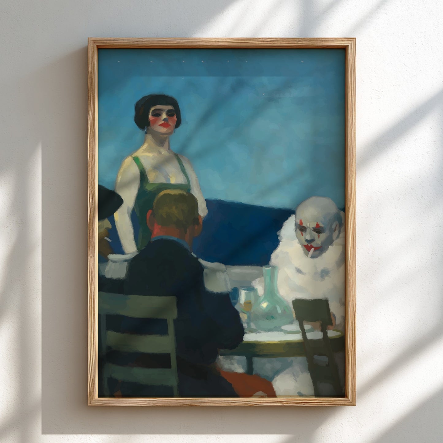 Soir Bleu poster featuring Edward Hopper's artwork with a woman and a clown at night.