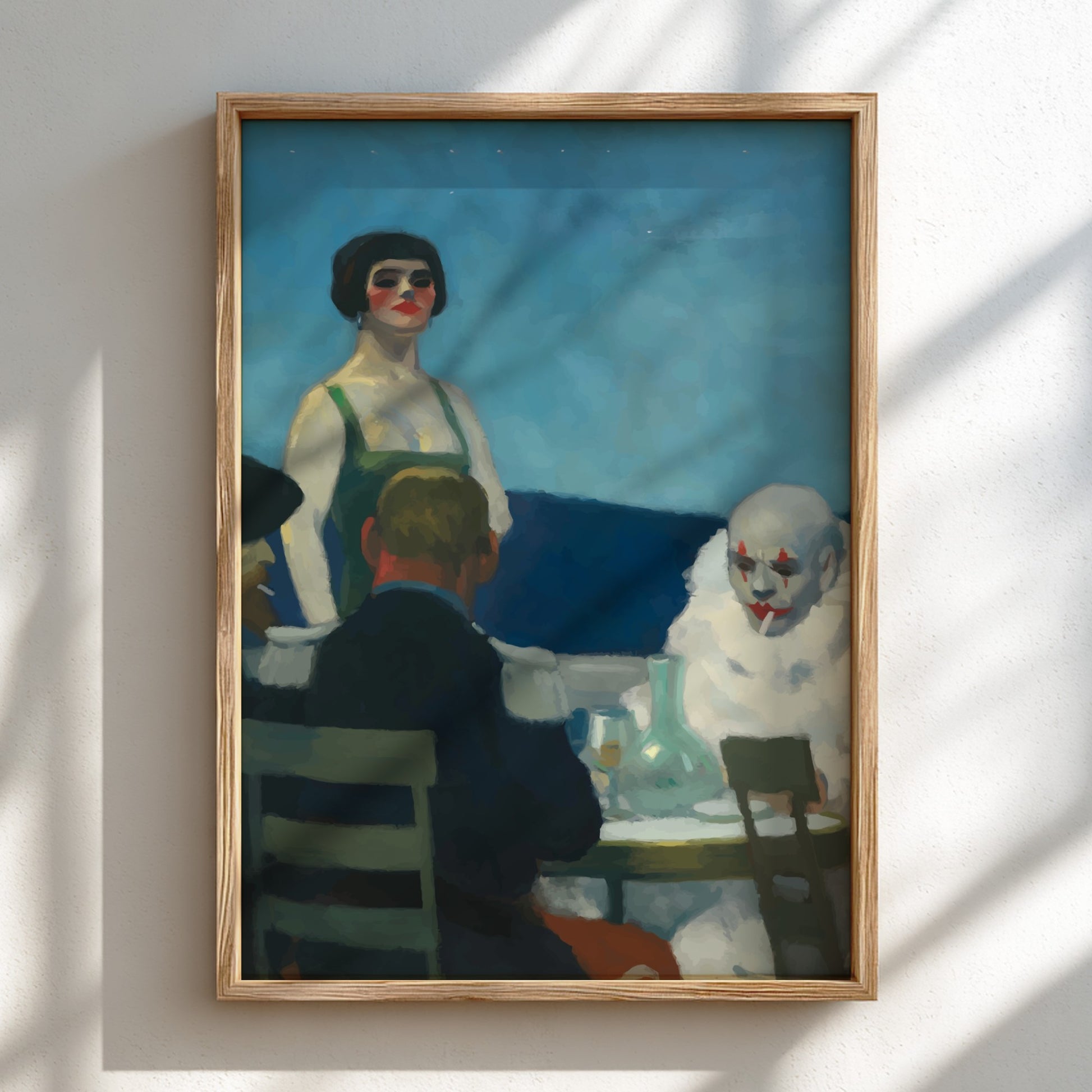 Soir Bleu poster featuring Edward Hopper's artwork with a woman and a clown at night.