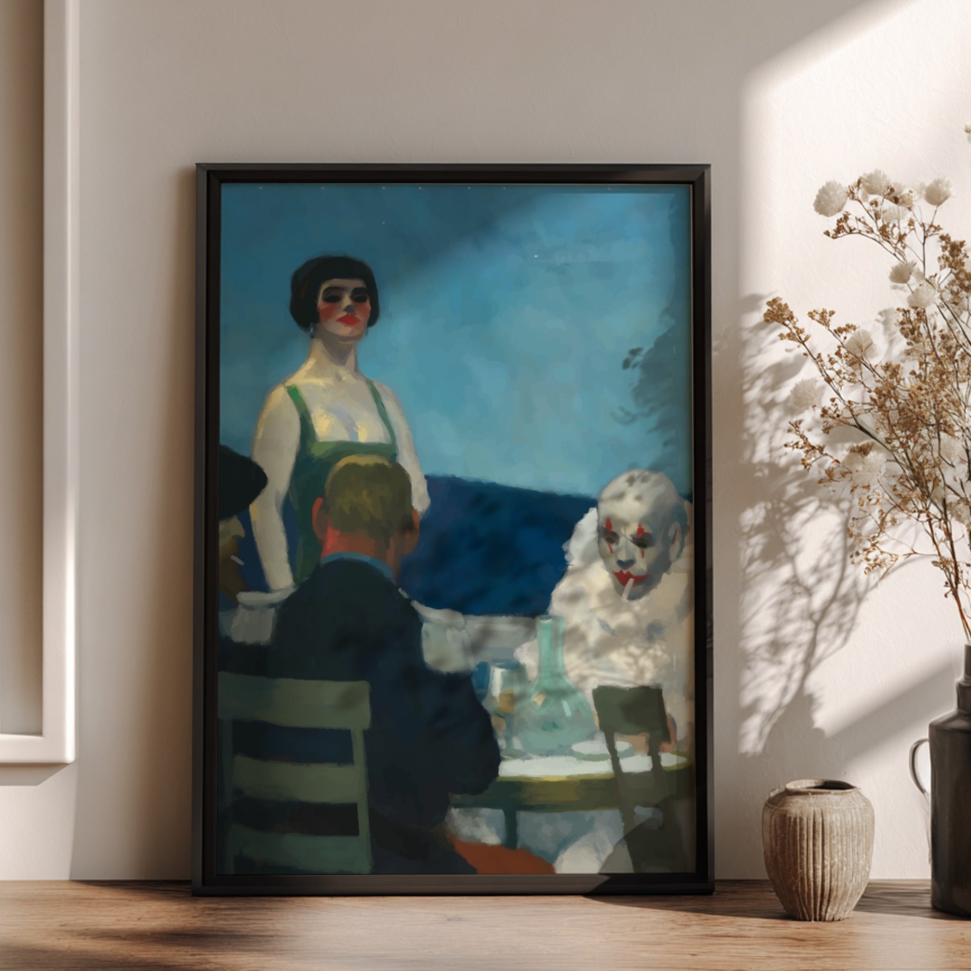 Soir Bleu poster featuring Edward Hopper's artwork with a woman and a clown at night.