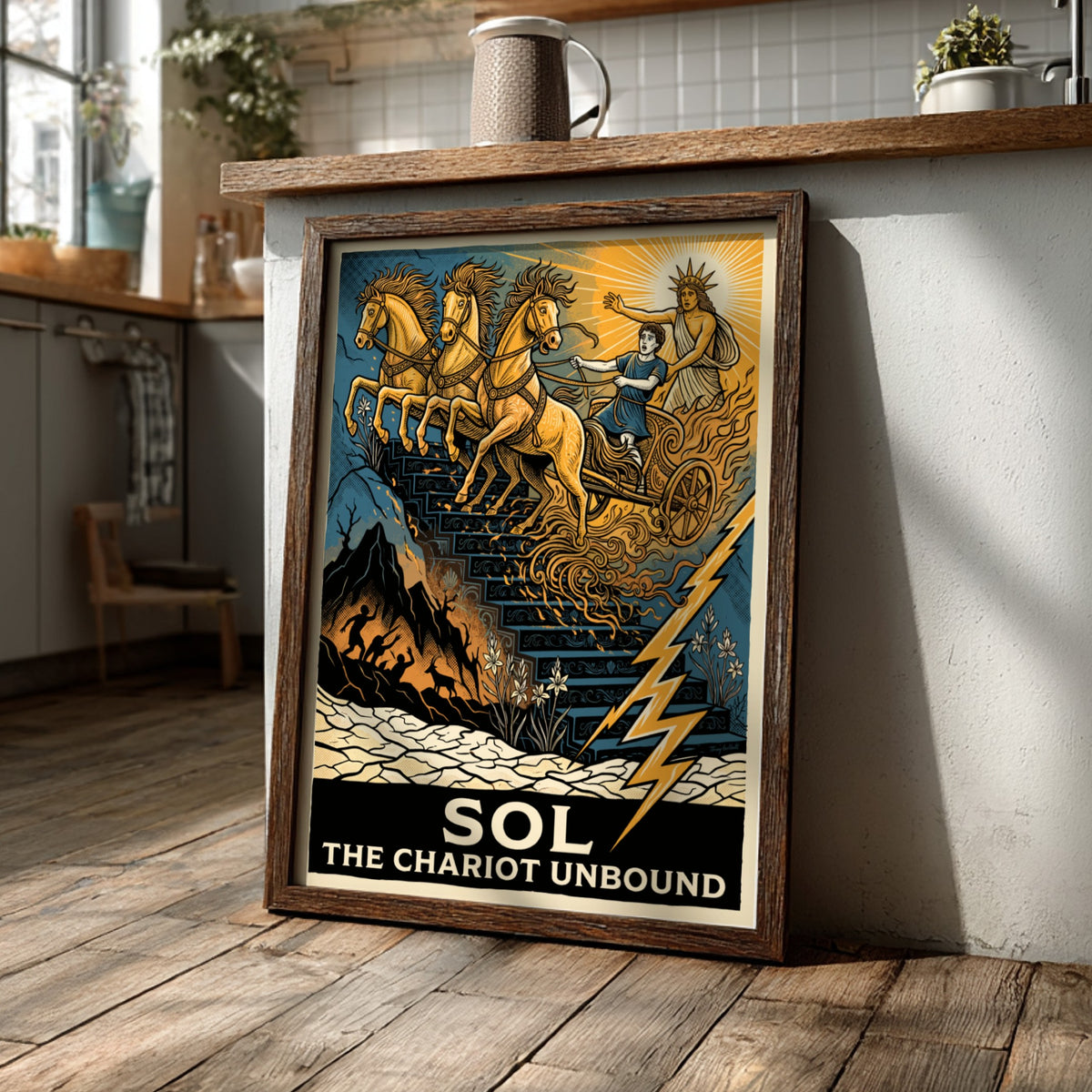 Poster featuring Sol The Chariot Unbound with golden horses descending a dark staircase.