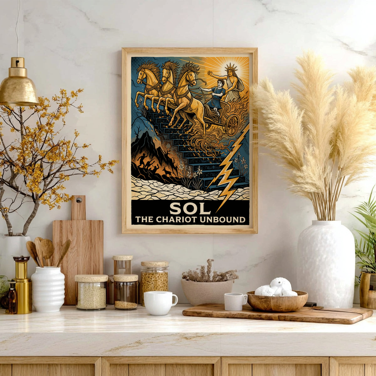 Poster featuring Sol The Chariot Unbound with golden horses descending a dark staircase.