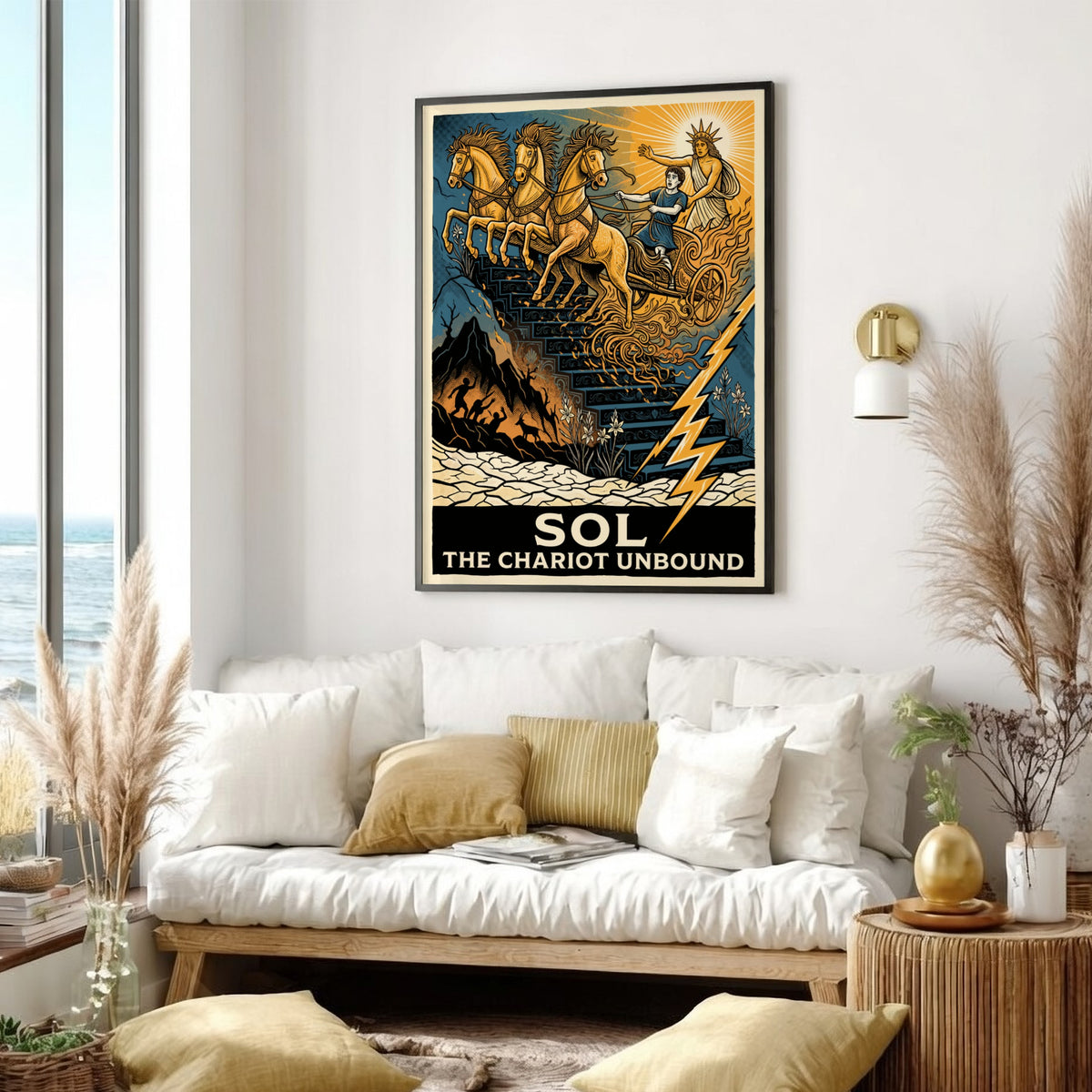 Poster featuring Sol The Chariot Unbound with golden horses descending a dark staircase.