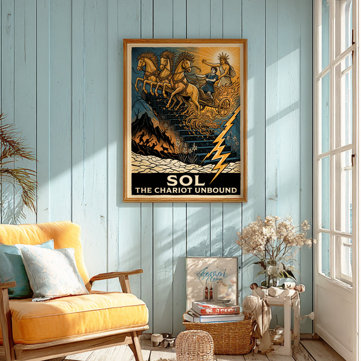 Poster featuring Sol The Chariot Unbound with golden horses descending a dark staircase.