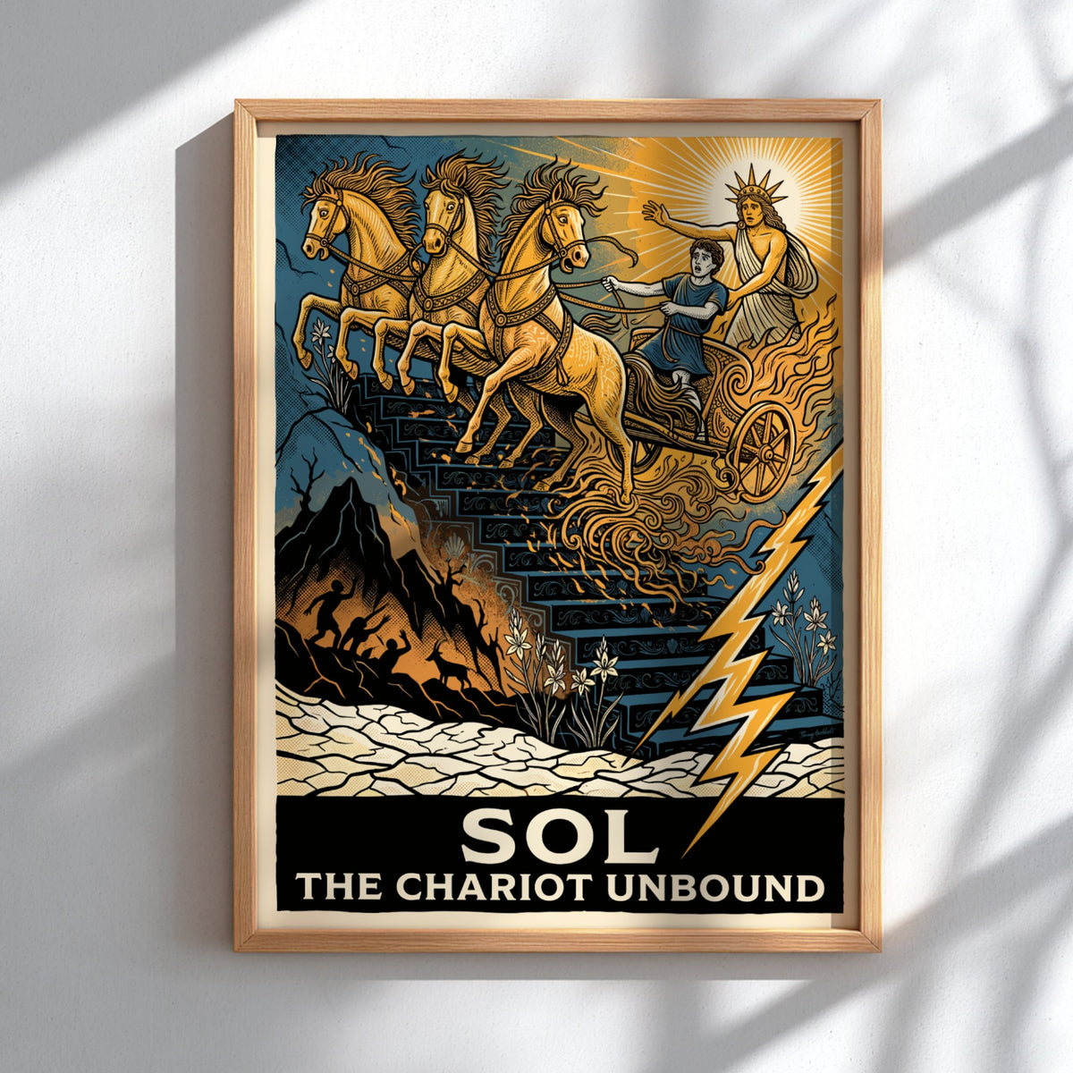 Poster featuring Sol The Chariot Unbound with golden horses descending a dark staircase.