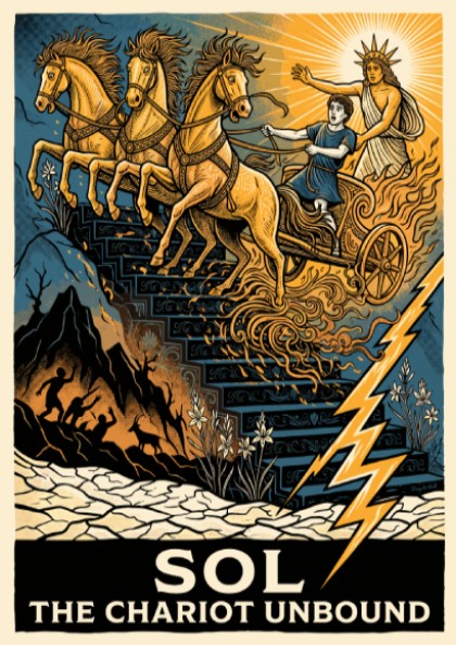 Poster featuring Sol The Chariot Unbound with golden horses descending a dark staircase.