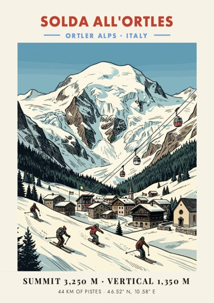 Ski poster of Solda All'ortles in the Italian Alps with skiers and cable cars