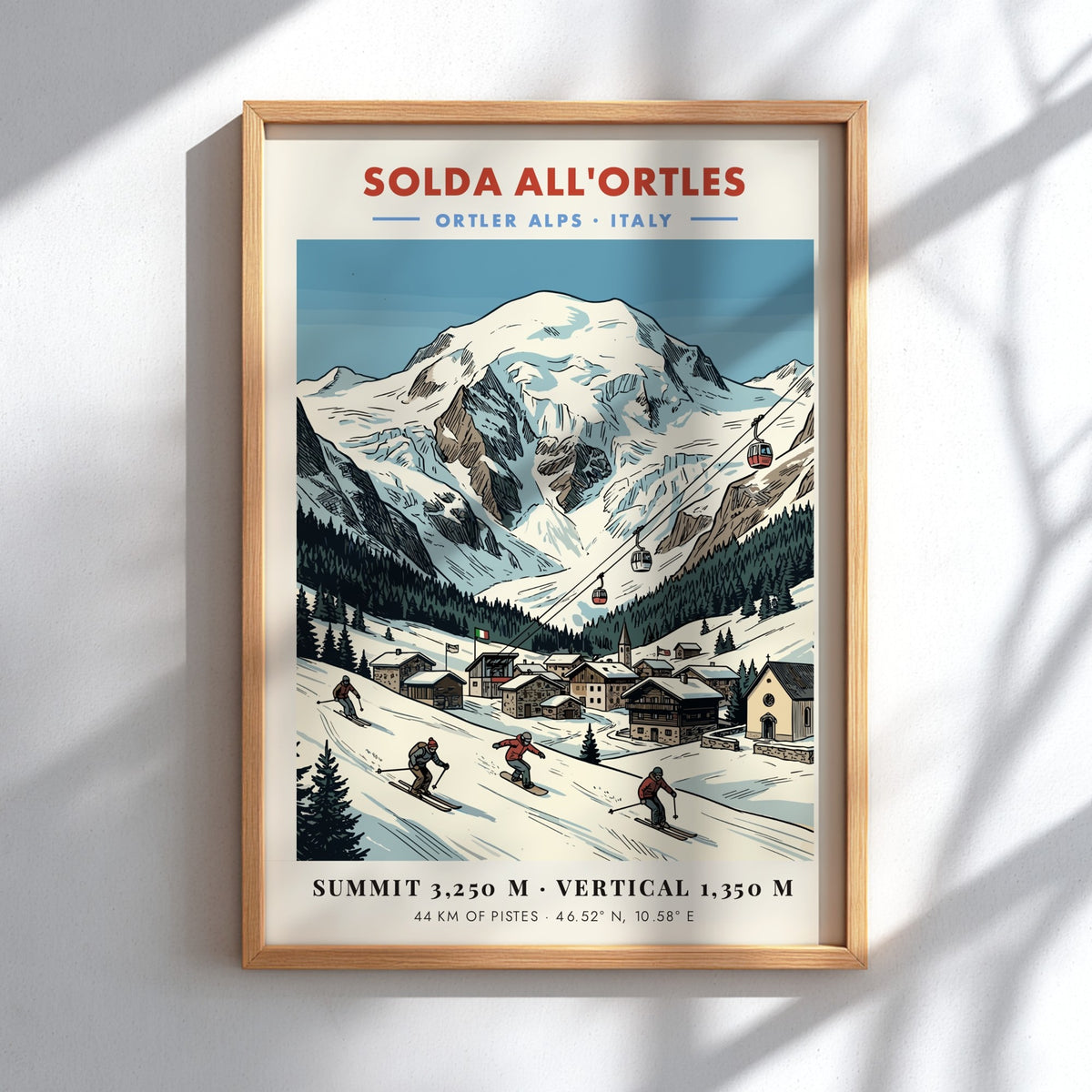 Ski poster of Solda All'ortles in the Italian Alps with skiers and cable cars