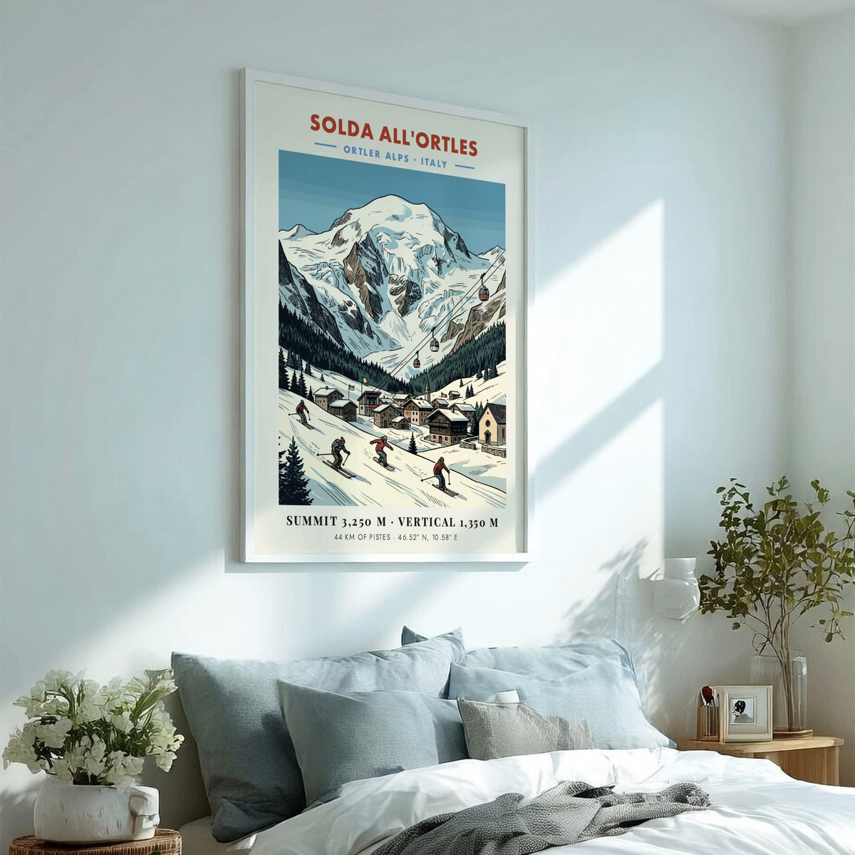 Ski poster of Solda All'ortles in the Italian Alps with skiers and cable cars