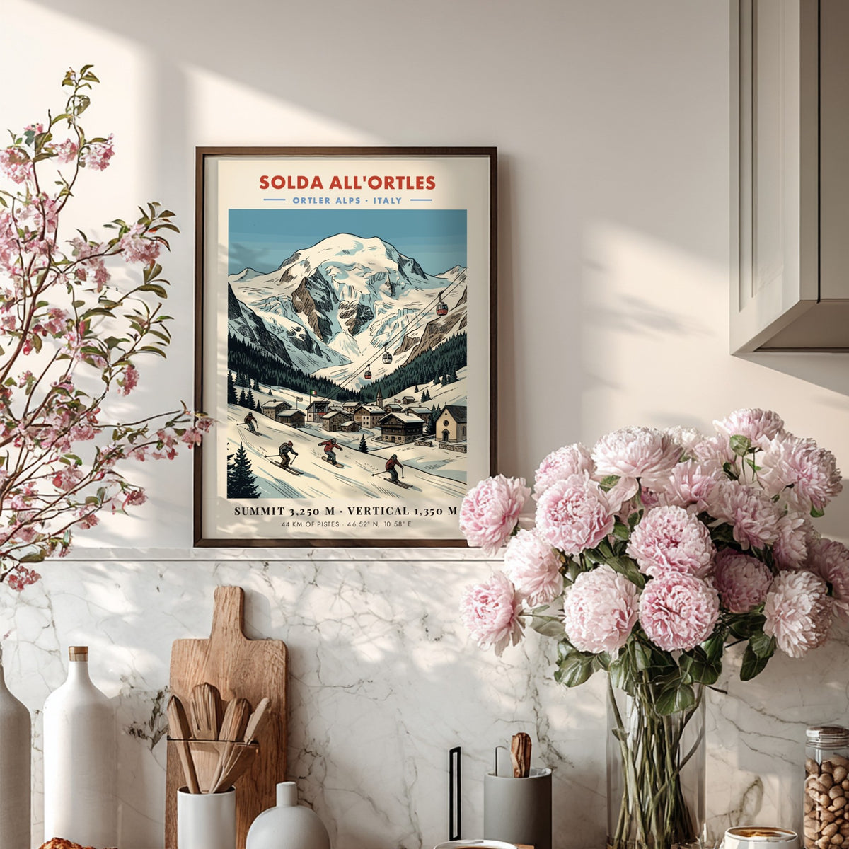 Ski poster of Solda All'ortles in the Italian Alps with skiers and cable cars