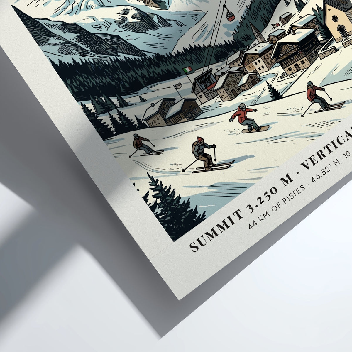 Ski poster of Solda All'ortles in the Italian Alps with skiers and cable cars
