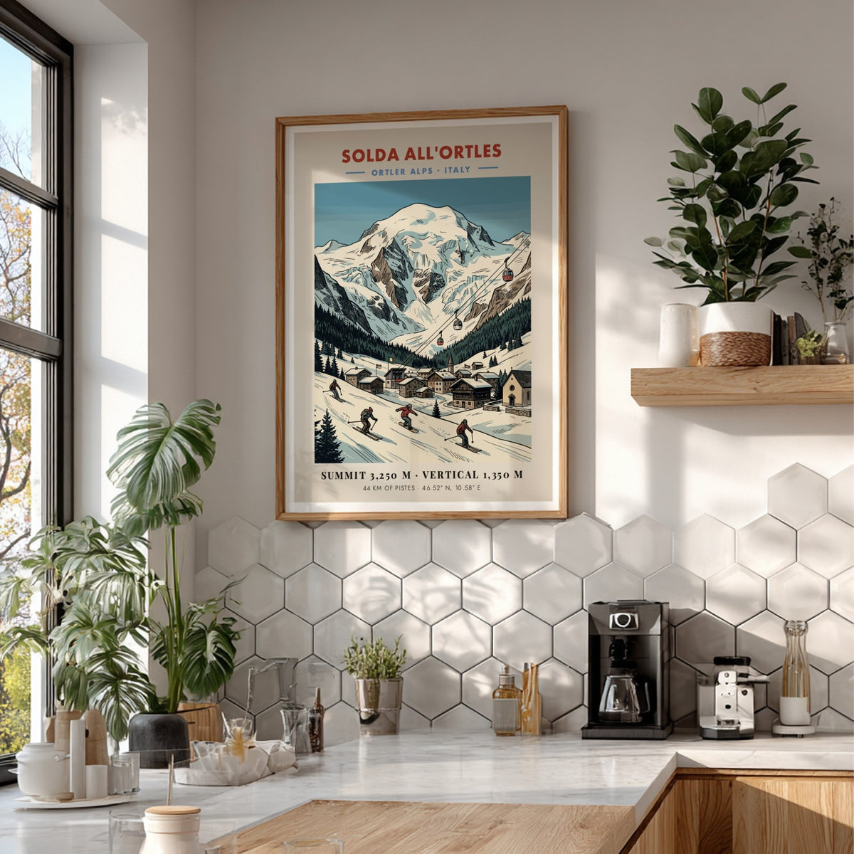 Ski poster of Solda All'ortles in the Italian Alps with skiers and cable cars