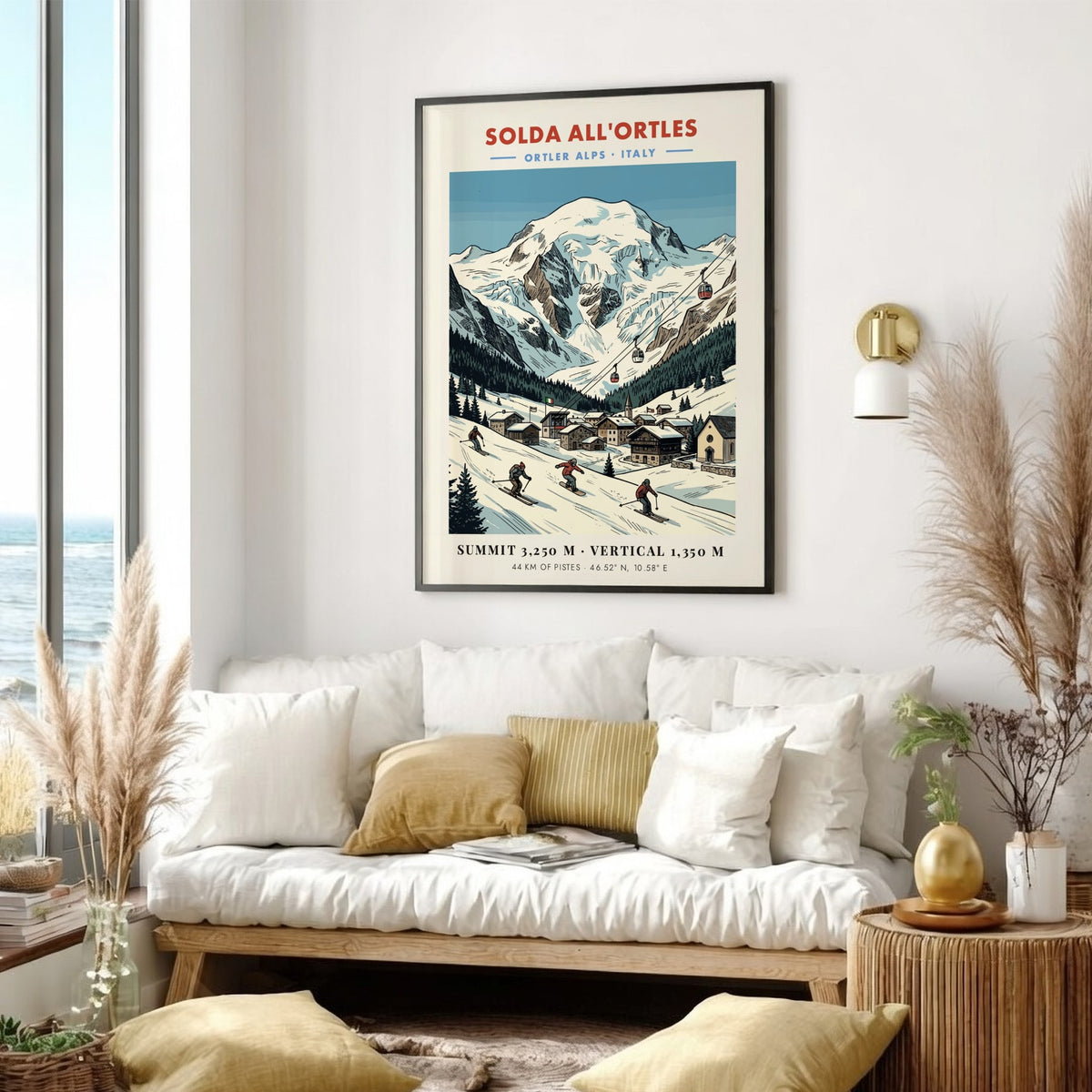Ski poster of Solda All'ortles in the Italian Alps with skiers and cable cars