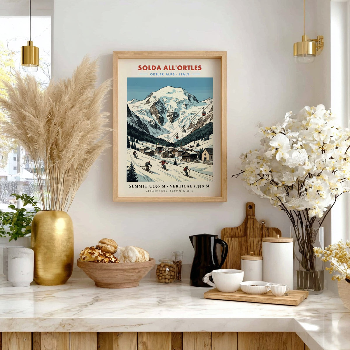 Ski poster of Solda All'ortles in the Italian Alps with skiers and cable cars