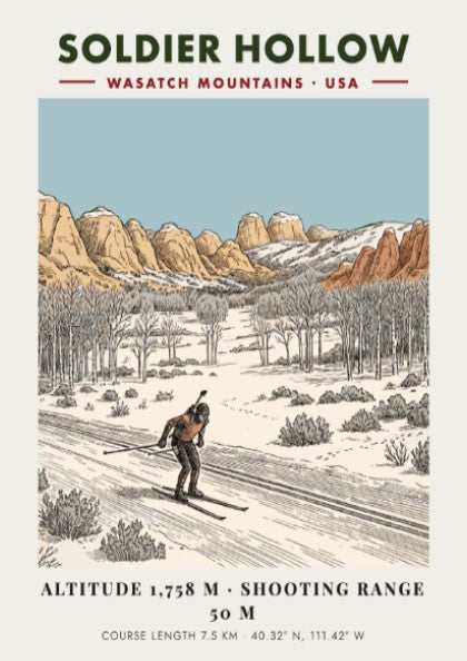 Poster showing a biathlon athlete skiing through a snowy landscape with mountain peaks.