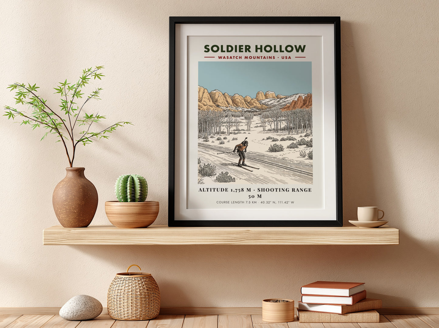 Poster showing a biathlon athlete skiing through a snowy landscape with mountain peaks.