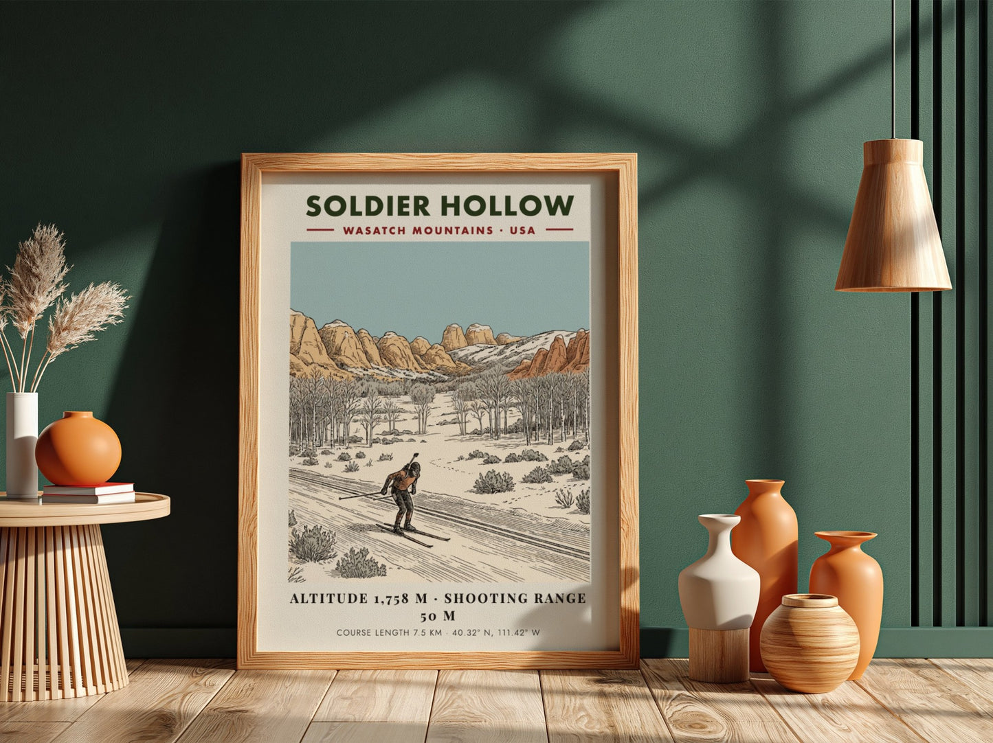 Poster showing a biathlon athlete skiing through a snowy landscape with mountain peaks.