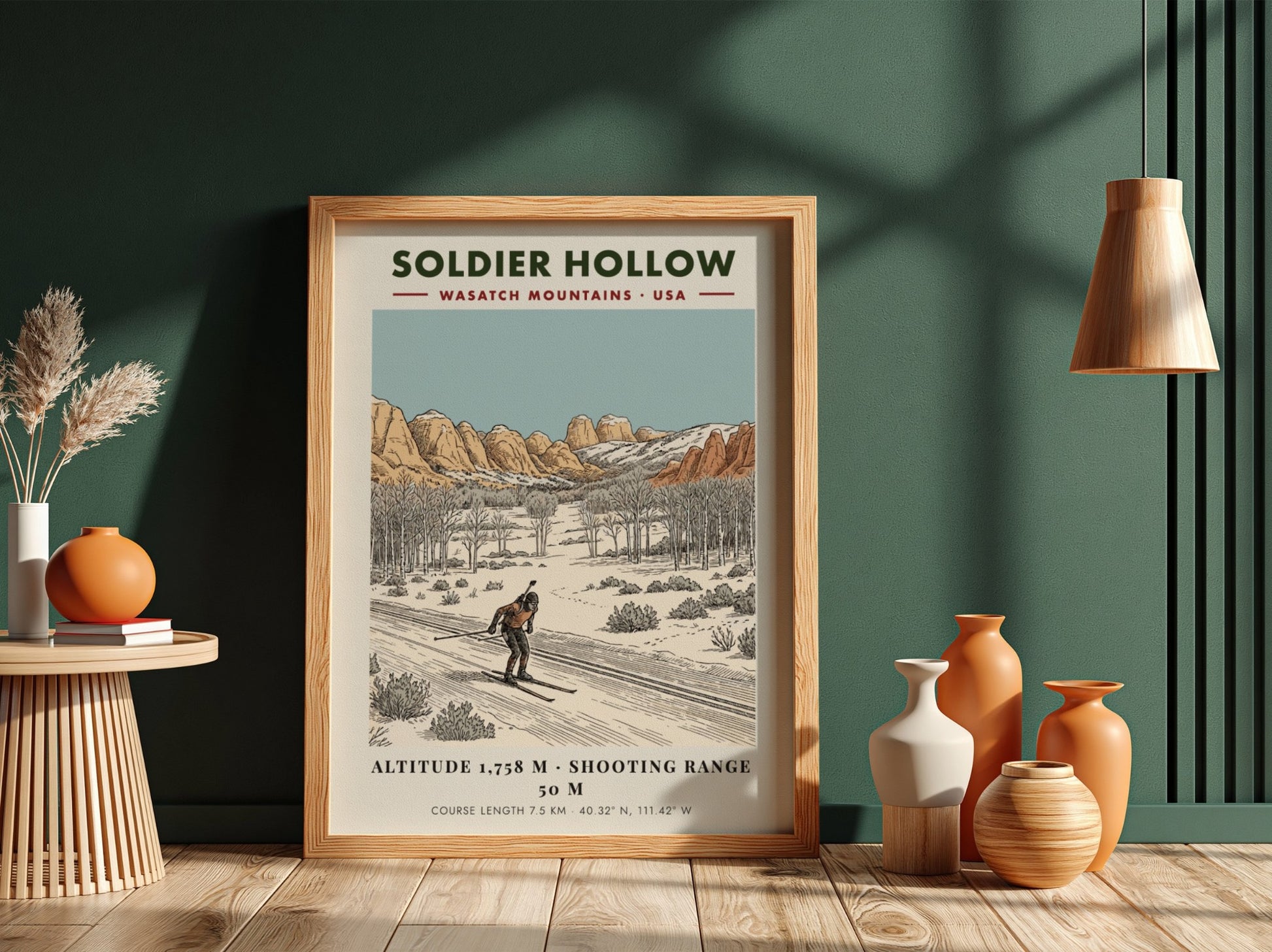 Poster showing a biathlon athlete skiing through a snowy landscape with mountain peaks.