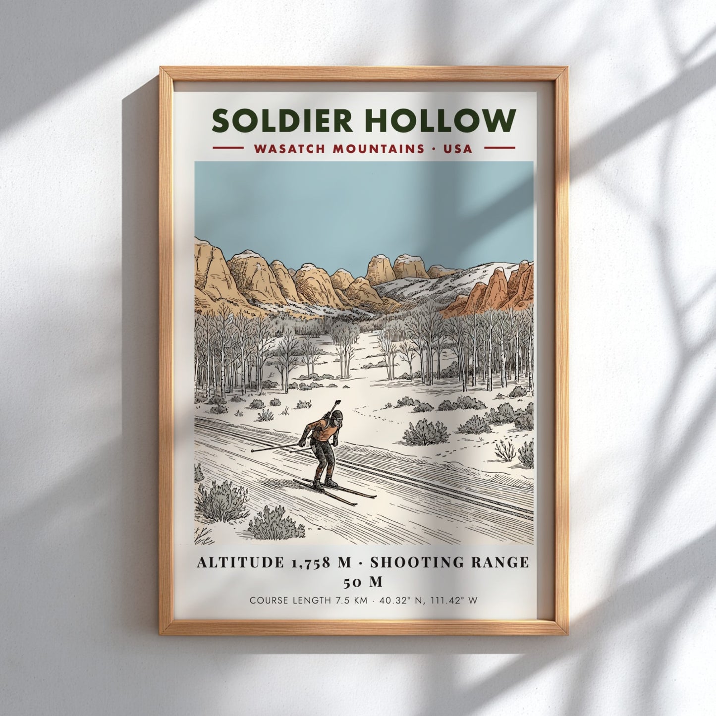 Poster showing a biathlon athlete skiing through a snowy landscape with mountain peaks.