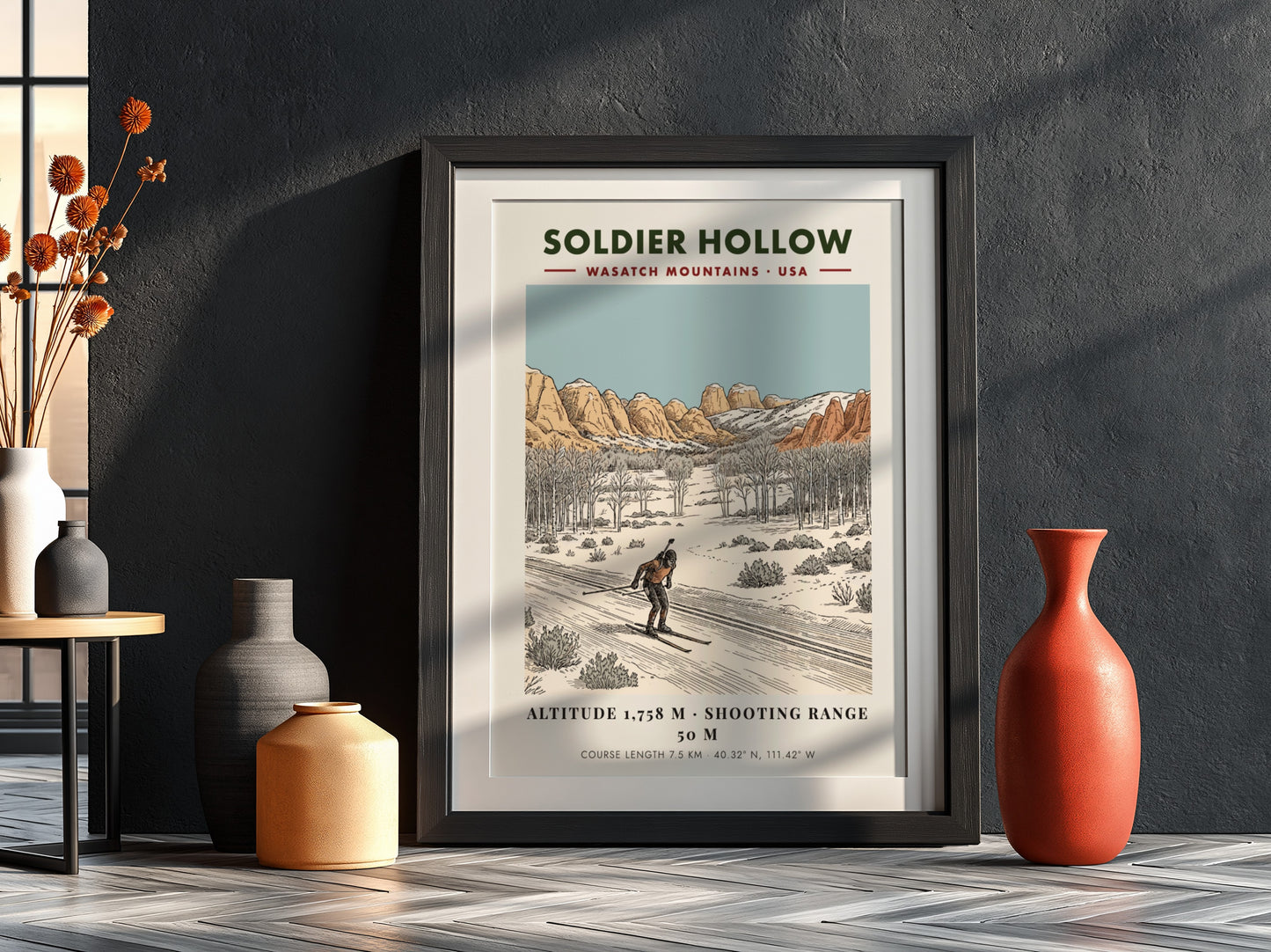 Poster showing a biathlon athlete skiing through a snowy landscape with mountain peaks.